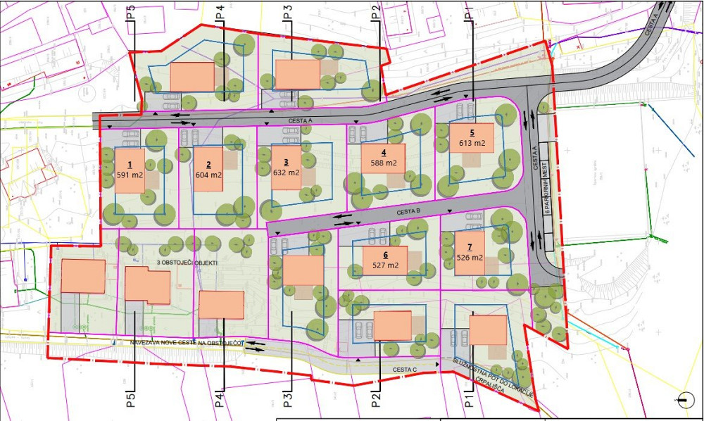 SKICA PRIKAZUJE SEDEM GRADBENIH PARCEL, ki bodo predmet prodaje. Natančnejše podatke o njih interesenti najdejo na spletni strani občine ter nadalje na javnih portalih PISO in eProstor